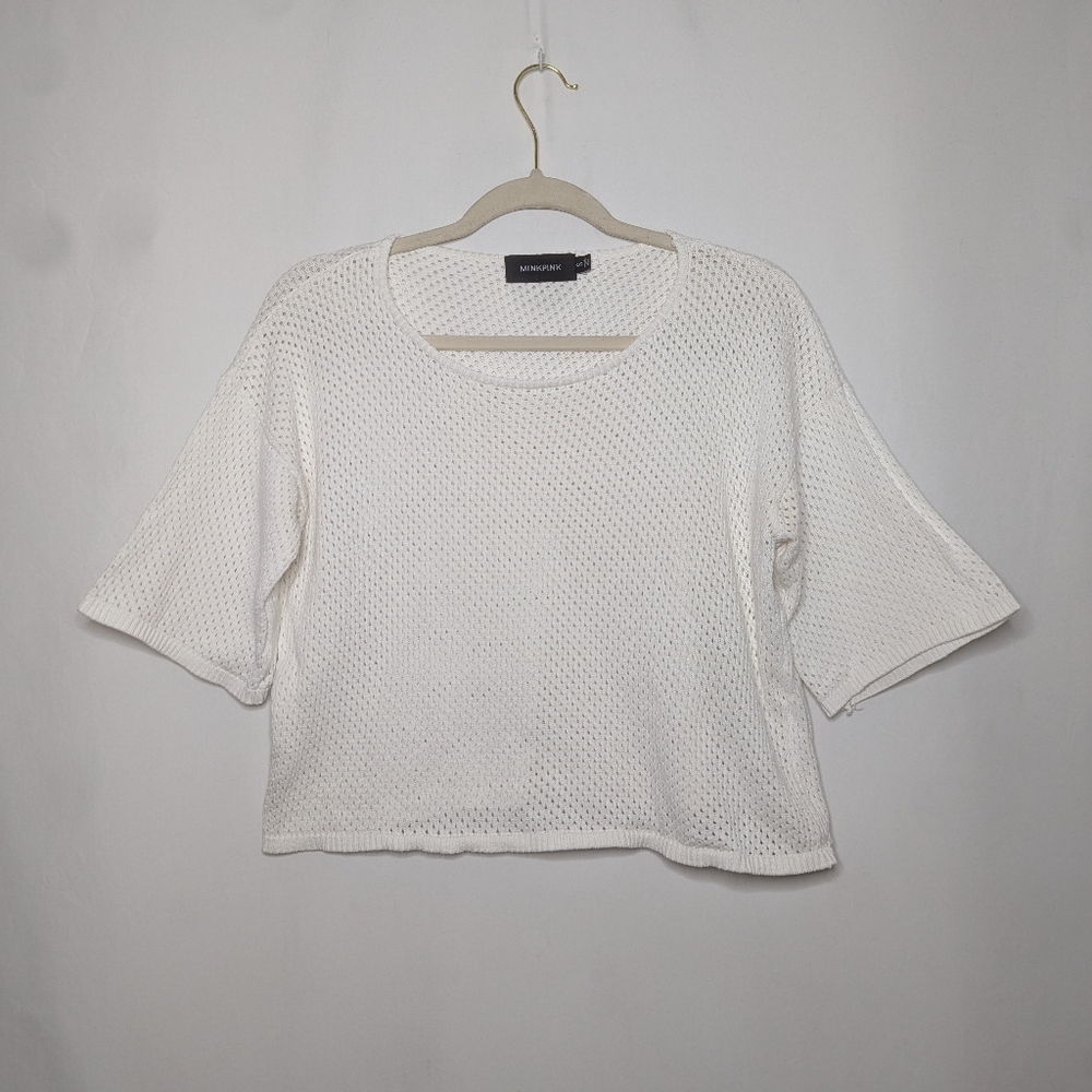 Minkpink Womens White Crochet Knit Minimalist Coastal Sweater Top S